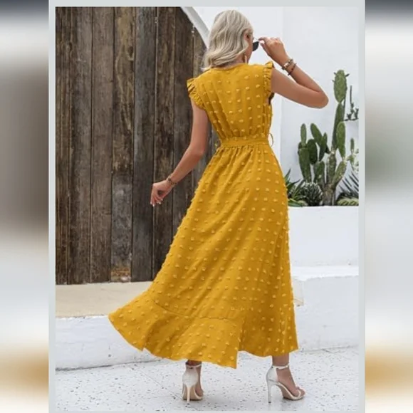 BTFBM Women's 2023 Summer Wrap V Neck Dress Ruffle Sleeve Swiss Dot Boho Sz M - Picture 5 of 16